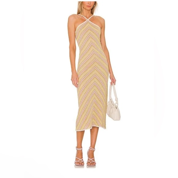 NWT MISA LOS ANGELES Dali Metallic Chevron Pastel Yellow and Pink Midi Dress - Picture 1 of 8